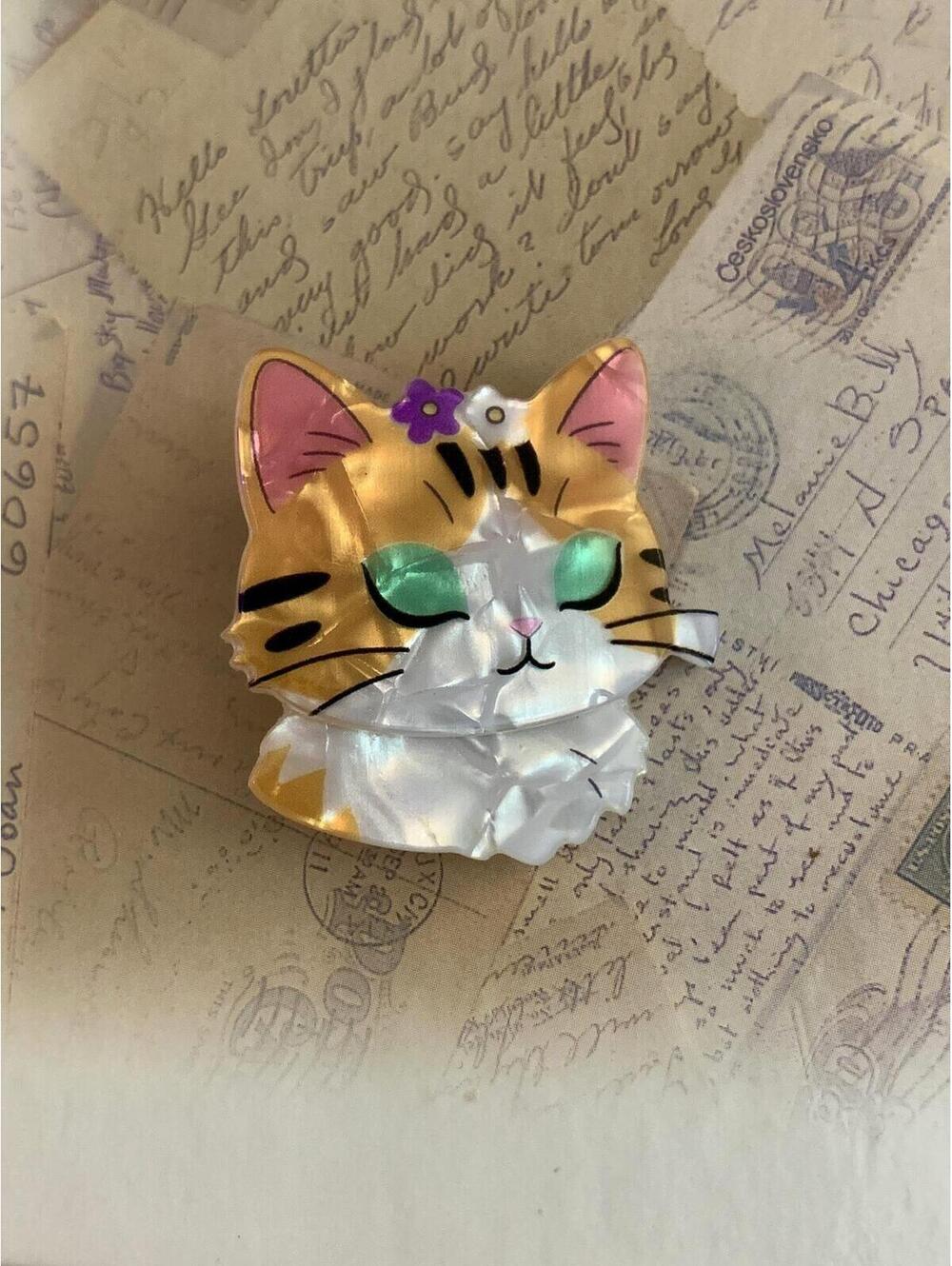 Cute Calico Tabby Cat Floral Acrylic Novelty Statement Brooch Pin
